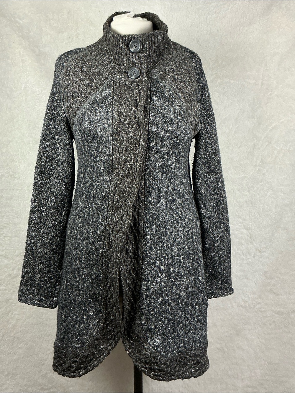 prAna Angelica Duster gray large cardigan marbled yarn ribbed collar hidden snap